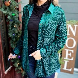 Leopard Button Down Long Sleeve Velvet Blouse - 1X - Green